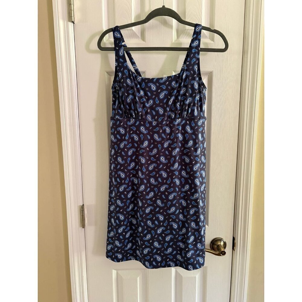 Lands’ End Swim Dress Suit Navy Blue Patterned Size 14